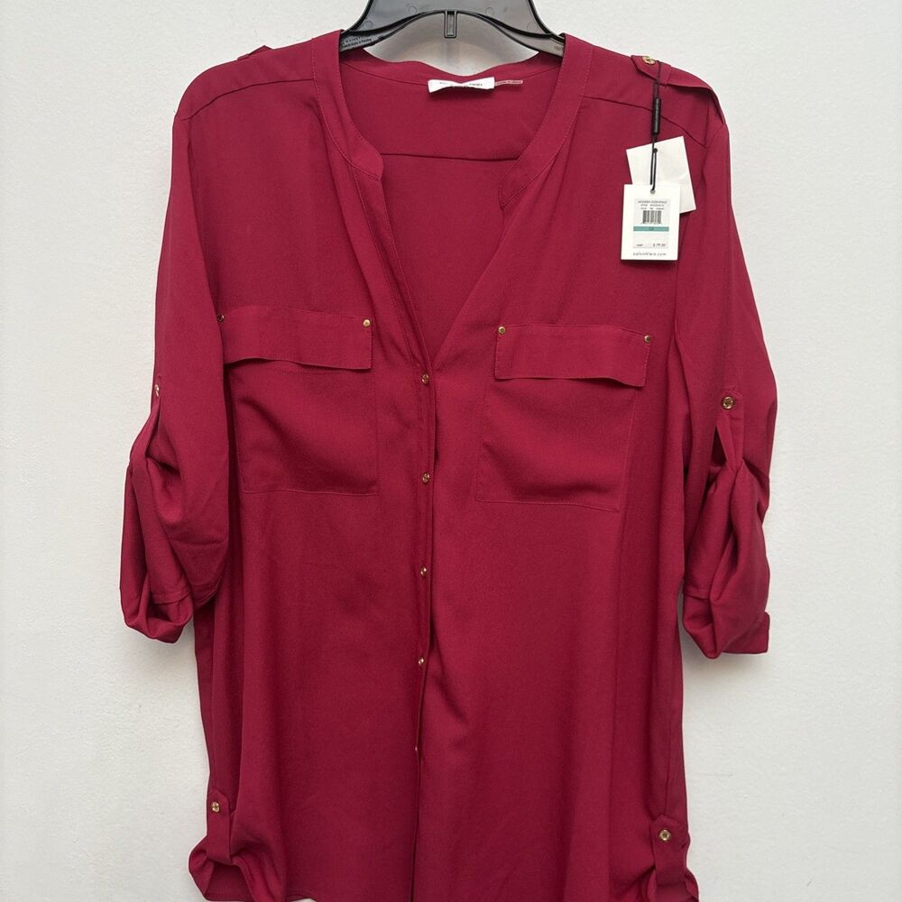 Calvin Klein Blouse Top, Fuisha, Tab Roll-Up Sleeve, Womens Size XLarge, NWT